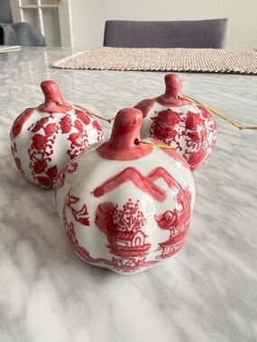 Asian Inspired Red & White Porcelain Ornaments - Set of 3